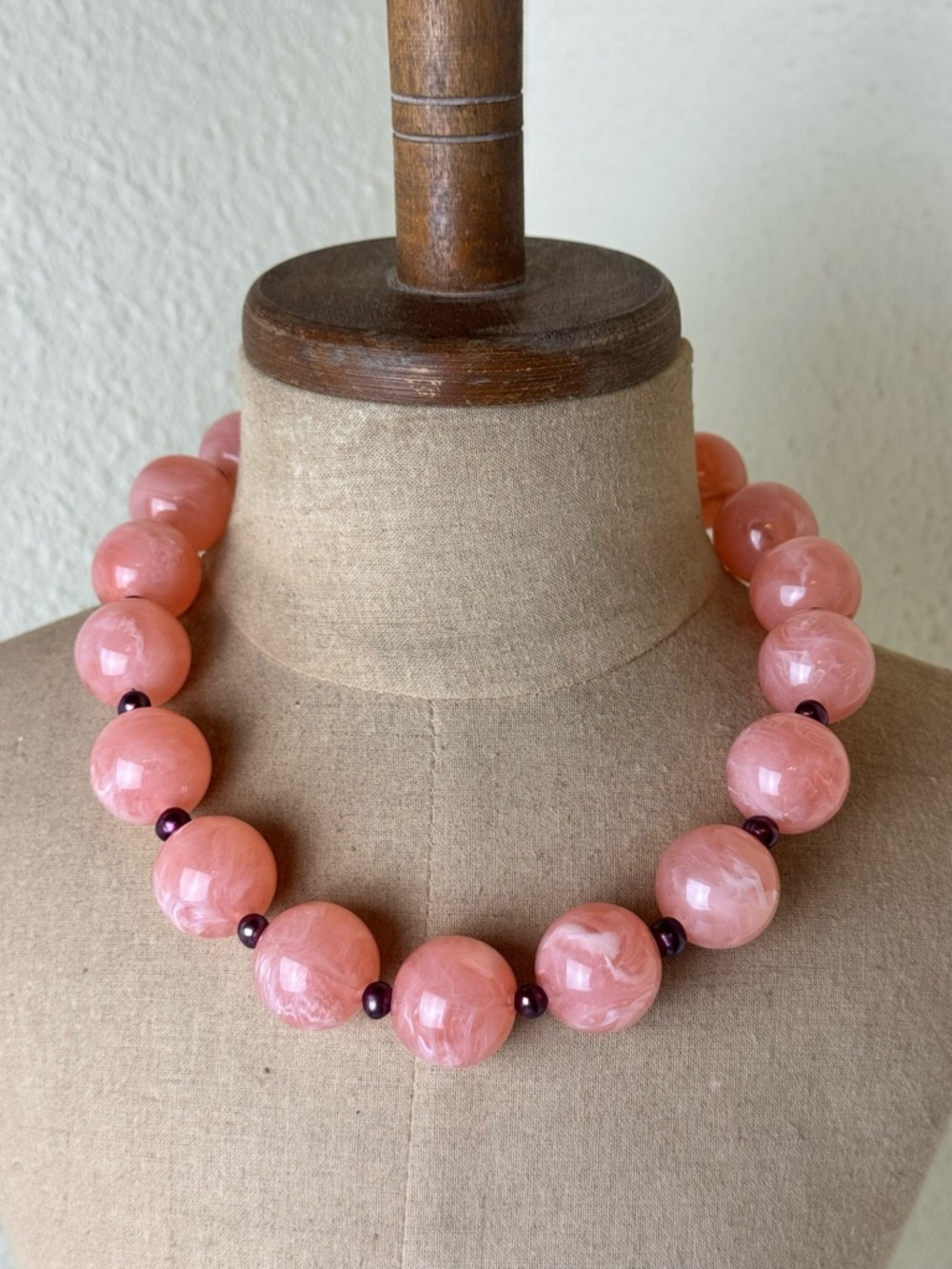 Peach Lucite Beads Necklace with Freshwater Pearl Accents Silver Plated Clasp
